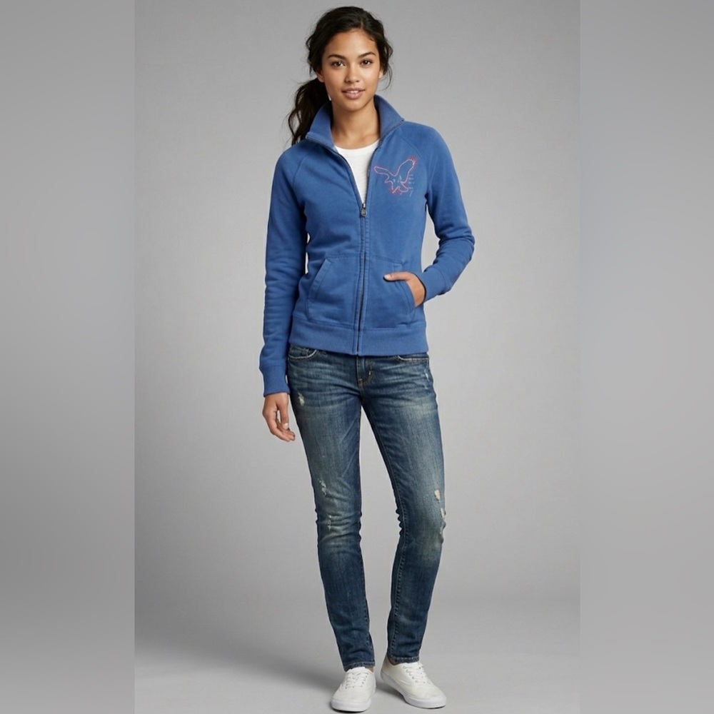American Eagle Outfitters - Blue Zip-Up Sweater / Jacket with Embroidered Logos